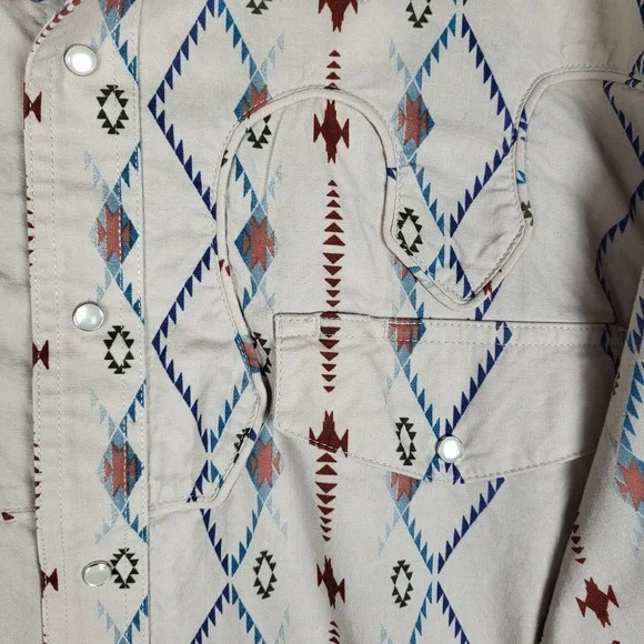 Vintage Wrangler Pearl Snap Shirt Mens XL Tan Long Sleeve Aztec Western Rodeo